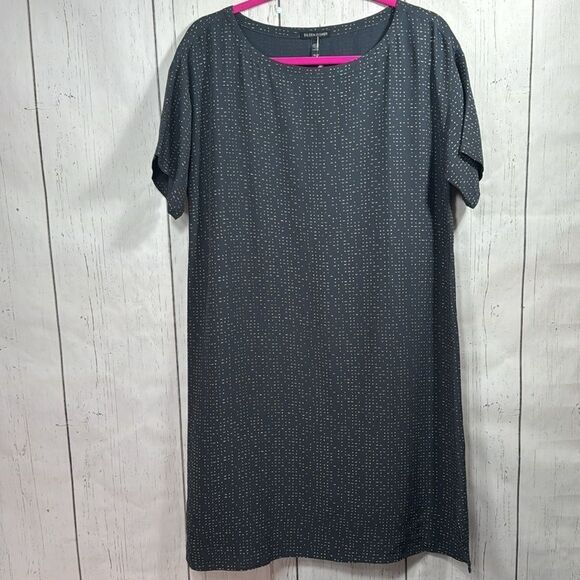 Eileen Fisher Gray Tencell Blend Morse Code Shift Short Sleeve Lightweight Dress - Picture 5 of 13